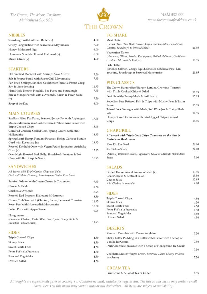 Menu – The Crown Of Cookham